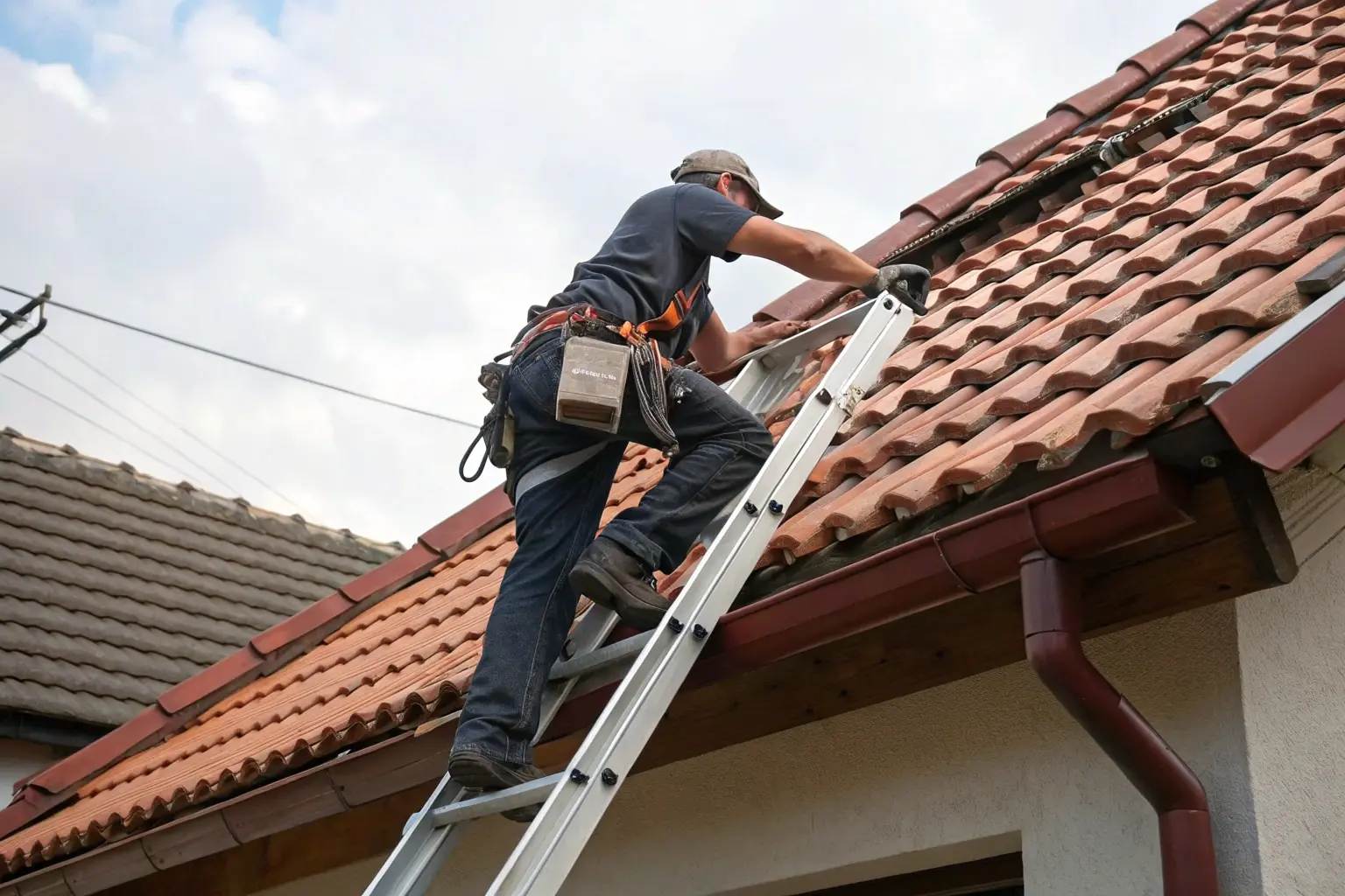 Profissional realizando reparo detalhado em telhado, substituindo telhas danificadas