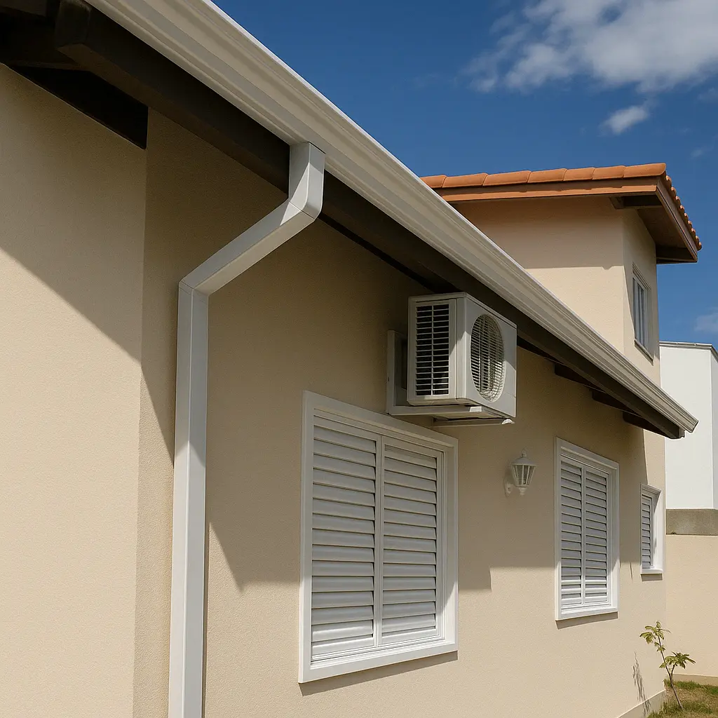 Profissional instalando calha em telhado residencial